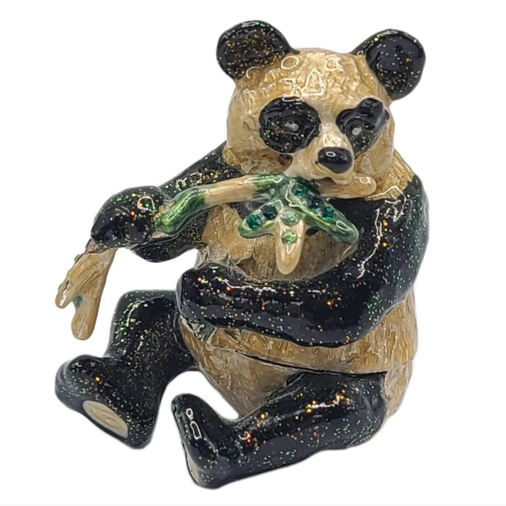 Bejeweled Panda Hinged Trinket Box Eucalyptus Metal Enameled Rhinestone